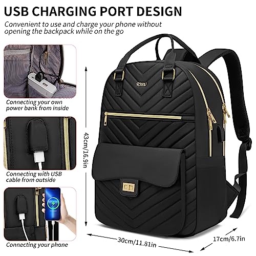 RJEU Bookbag for Women,Fashion Laptop Bag Tablet Backpack with USB Port for Work,School Backpack Aesthetic for Teen Girls College Student,Mochilas de Mujer,Black