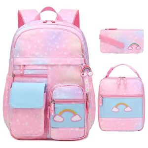 indusky girls backpack, cute rainbow school backpack for girls with insulated lunch box pencil case set, kids backpack kindergarten elementary middle school book bag for teen girls children students