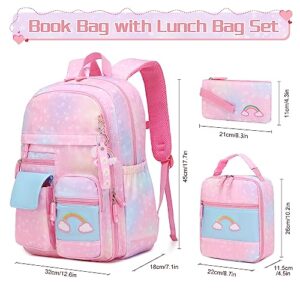 InduSKY Girls Backpack, Cute Rainbow School Backpack for Girls with Insulated Lunch Box Pencil Case Set, Kids Backpack Kindergarten Elementary Middle School Book Bag for Teen Girls Children Students