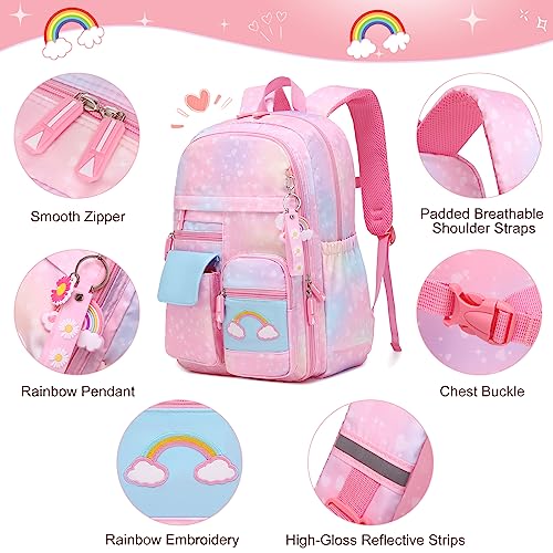 InduSKY Girls Backpack, Cute Rainbow School Backpack for Girls with Insulated Lunch Box Pencil Case Set, Kids Backpack Kindergarten Elementary Middle School Book Bag for Teen Girls Children Students