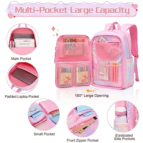 InduSKY Girls Backpack, Cute Rainbow School Backpack for Girls with Insulated Lunch Box Pencil Case Set, Kids Backpack Kindergarten Elementary Middle School Book Bag for Teen Girls Children Students