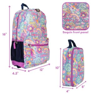 CLUB LIBBY LU Retro Denim Print Sequin Backpack with Lunch Box Set for Girls, 3 Piece Value Bundle, 16 Inch