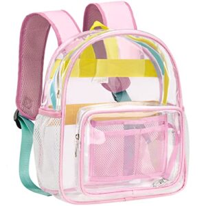 byxepa clear mini backpack stadium approved tpu 12x12x6 heavy duty transparent backpacks book bag with reinforced strap for teens girls women concerts, sporting event, work, school, security-pink