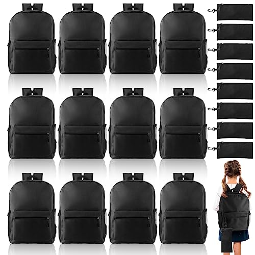 Silkfly 12 Pcs School Backpacks for Kids with 12 Zipper Pencil Pouch Lightweight Bookbags Bulk Classic Pencil Case for Student School Supplies (Black)