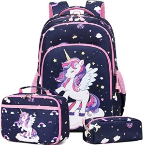 dafelile unicorn backpack for girls school backpack unicorn bookbag 3 in 1 set for girls elementary with chest strap and lunch bag