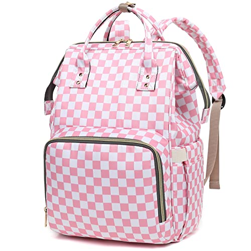 Dezcrab Checkered Laptop Backpack for Women, College Bookbag School Backpack Work Business Travel 15.6 Inch Computer Backpacks (Pink)