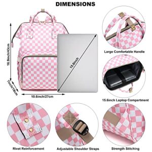 Dezcrab Checkered Laptop Backpack for Women, College Bookbag School Backpack Work Business Travel 15.6 Inch Computer Backpacks (Pink)