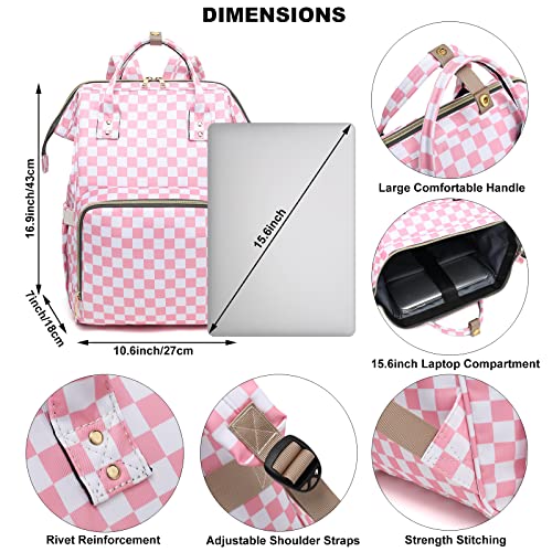 Dezcrab Checkered Laptop Backpack for Women, College Bookbag School Backpack Work Business Travel 15.6 Inch Computer Backpacks (Pink)