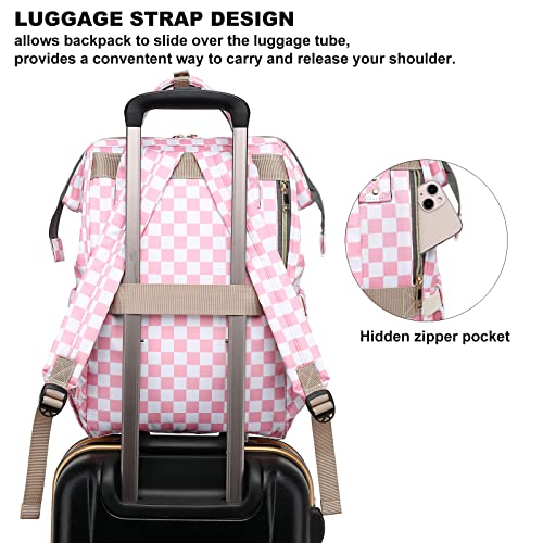 Dezcrab Checkered Laptop Backpack for Women, College Bookbag School Backpack Work Business Travel 15.6 Inch Computer Backpacks (Pink)