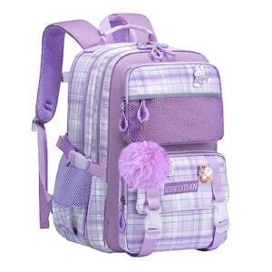 kebeixuan cute backpack for school girls, multi-pockets kids backpack large capacity bookbag for girls age 6-12 (purple)