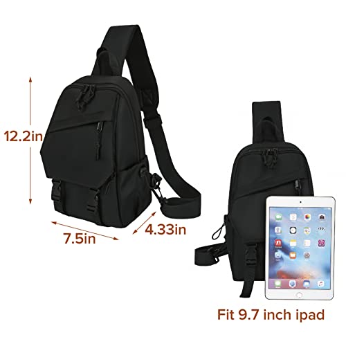 Small Sling Shoulder Crossbody Bag for Men Women Lightweight Anti-theft One Strap Casual Chest Bag Daypack Slim Backpack for Walking Trip Hiking Biking USB Charger Port Fits Up to 7.9 inch iPad Black