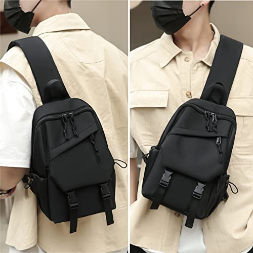 Small Sling Shoulder Crossbody Bag for Men Women Lightweight Anti-theft One Strap Casual Chest Bag Daypack Slim Backpack for Walking Trip Hiking Biking USB Charger Port Fits Up to 7.9 inch iPad Black