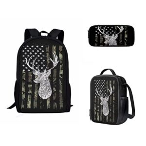 keiahuan kids school bag american flag deer hunting camo teen girls boys toddler bookbag sturdy backpack with lunch bag and pencil bag