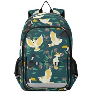 glaphy toucans and cockatoo birds school backpack lightweight laptop backpack student travel daypack with reflective stripes