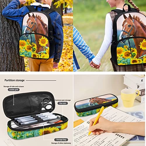 POLERO Sunflower Horse School Backpack for Girls Insulated Lunch Case Crossbody Water Bottle Cover School Pencil Holder Pen Bags