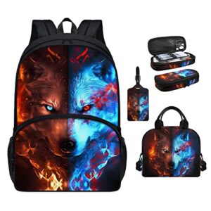wolf backpack for boys and girls school bookbag with lunch box multi-functional 17 inch laptop backpack daypack 4 piece travel bag