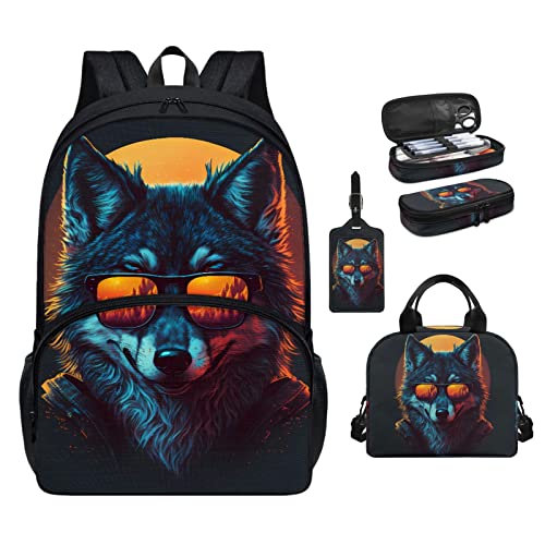 Wolf Backpack for School Girls and Boys Bookbag with Lunch Box Lightweight and Durable 17 Inch Laptop Backpack 4 pcs Set