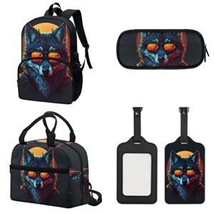 Wolf Backpack for School Girls and Boys Bookbag with Lunch Box Lightweight and Durable 17 Inch Laptop Backpack 4 pcs Set