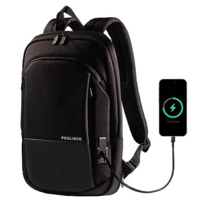 prolisok laptop backpack – slim & expandable for 15.6-16 inch computer – water resistant & lightweight bag with usb type-c charging – casual black backpack for travel, business, office