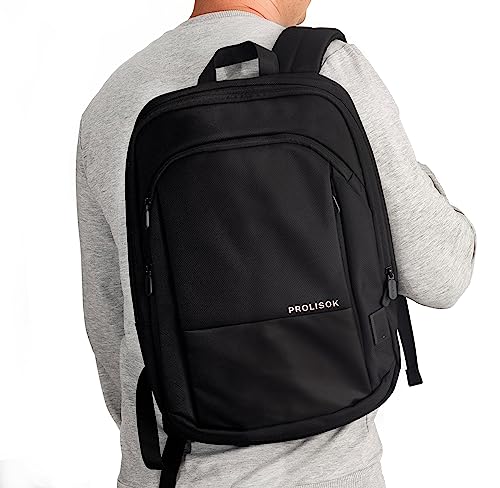 PROLISOK Laptop Backpack – Slim & Expandable for 15.6-16 inch Computer – Water Resistant & Lightweight Bag with USB Type-C Charging – Casual Black Backpack for Travel, Business, Office