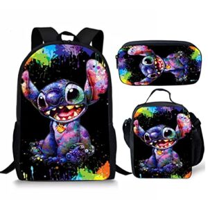 stitch 3pcs backpack casual bags with insulated lunch bag tote and pencil case box pouch for teen boys girls