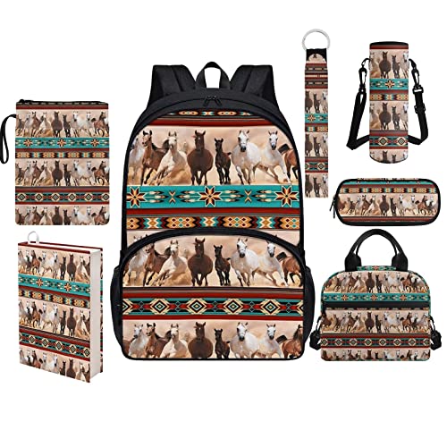 DISNIMO Western Horse Kids School Backpack Set for Boys Girls 8-12,Insulated Lunch Bag+Pencil Pen Pouch+Cloth Book Sleeve+Stretchy Book Cover+Keychain+Water Bottle Holder School Supplies