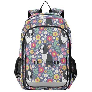 glaphy cute french bulldog floral backpack school bag lightweight laptop backpack student travel daypack with reflective stripes