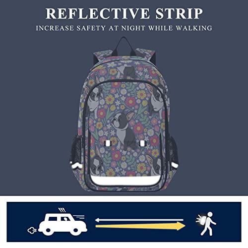 Glaphy Cute French Bulldog Floral Backpack School Bag Lightweight Laptop Backpack Student Travel Daypack with Reflective Stripes