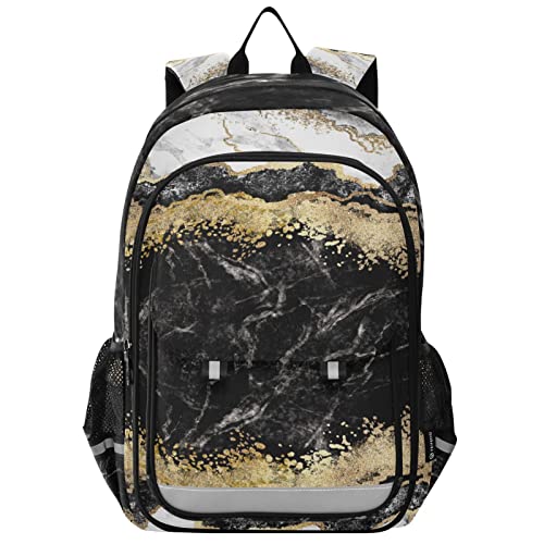 Glaphy Gold Black White Marble Backpack School Bag Lightweight Laptop Backpack Student Travel Daypack with Reflective Stripes