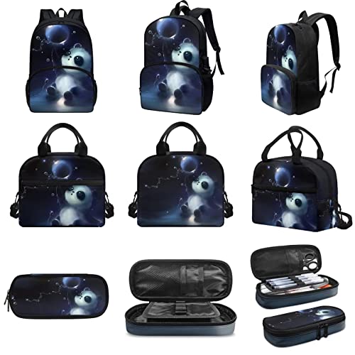 AmzPrint Panda Backpack And Lunch Bag Set For Girls,3 Piece Backpack Set,School Bag With Front Zip Pocket,Animal Print