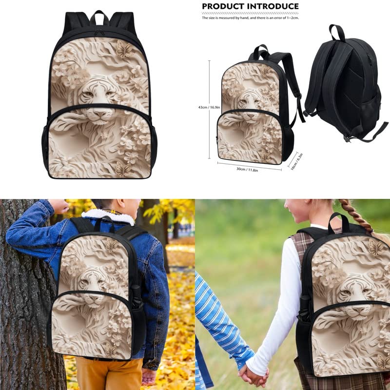 Semiouray White Tiger Floral Print Knapsack 3 Piece Backpack for Girls-Boys Retro Art Paper Sculpture Tiger Middle-School Elementary Bookbags with Lunch Kits & Pencil Bag