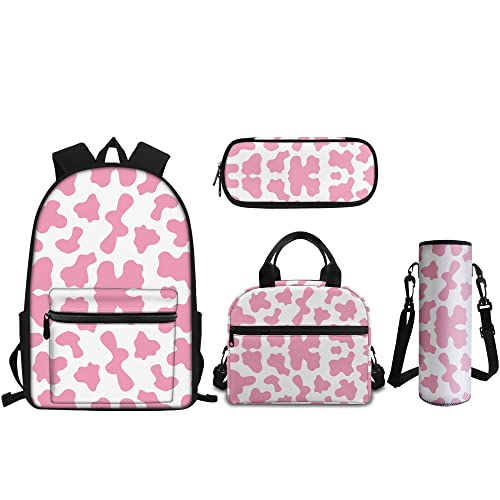 Wanyint Pink Cow Print Children Backpack for Kindergarten Preschool Elementary Polyester School Bag with Organizer Pencil Case Bag Lunch Box Water Cup Cover