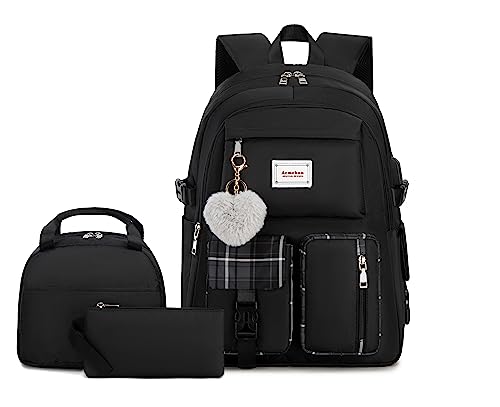 Acmebon Girl Roomy Fashion Laptop Backpack Set Casual Daypack Set for Women Black