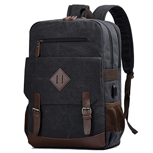 Canvas Vintage Laptop Backpack for Women Men, College Computer Bookbag Fits 17.3 Inch Laptop (Black)