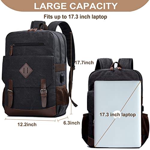 Canvas Vintage Laptop Backpack for Women Men, College Computer Bookbag Fits 17.3 Inch Laptop (Black)