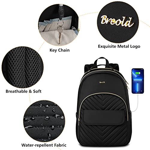 Breold Womens Laptop Backpack,Stylish Work Business Backpack for Travel,Large Capacity Computer Backpack for 15.6 Inch,Back Pack School College Bookbag with USB Charging Port,Casual Daypack,Black…