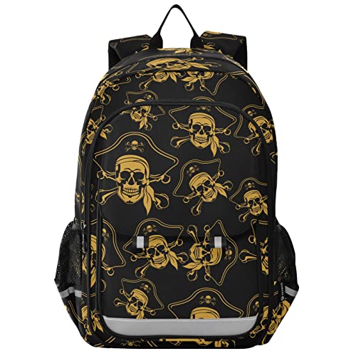 senya Backpack for Boys Girls, Golden Pirate Skull Backpack Students Bookbag Daypack for School Primary Teens