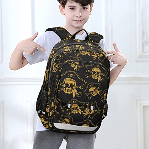 senya Backpack for Boys Girls, Golden Pirate Skull Backpack Students Bookbag Daypack for School Primary Teens