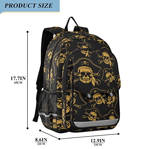 senya Backpack for Boys Girls, Golden Pirate Skull Backpack Students Bookbag Daypack for School Primary Teens