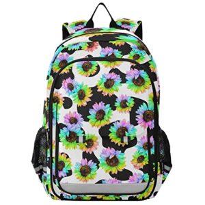 glaphy colorful sunflower cow print backpack school bag lightweight laptop backpack student travel daypack with reflective stripes