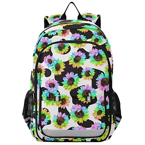 Glaphy Colorful Sunflower Cow Print Backpack School Bag Lightweight Laptop Backpack Student Travel Daypack with Reflective Stripes