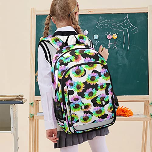 Glaphy Colorful Sunflower Cow Print Backpack School Bag Lightweight Laptop Backpack Student Travel Daypack with Reflective Stripes