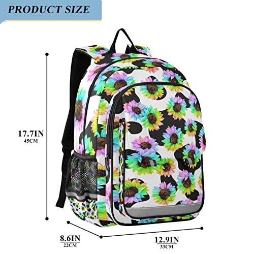 Glaphy Colorful Sunflower Cow Print Backpack School Bag Lightweight Laptop Backpack Student Travel Daypack with Reflective Stripes