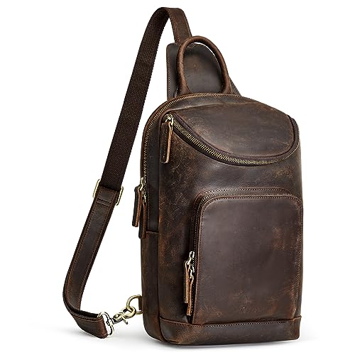 S-ZONE Sling Bag for Women Men Genuine Leather Vintage Crossbody Chest Bags Backpack Daypack Outdoor Travel