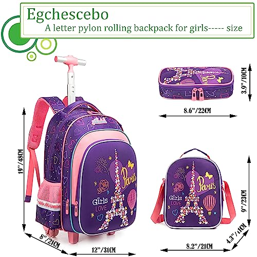 Egchescebo Kids Pylons Rolling Backpack for Girls 17" Suitcases Trolley Backpacks with Wheels 3PCS Luggage Backpacks Wheels with Lunch Box Pencil Case for Elementary Girl Travel School Bag Purple