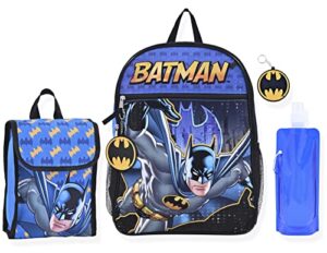 dc comics batman boys backpack for little kids | 6 piece set kids water bottle keychains snack tote and knapsack for school (batman 6pc)