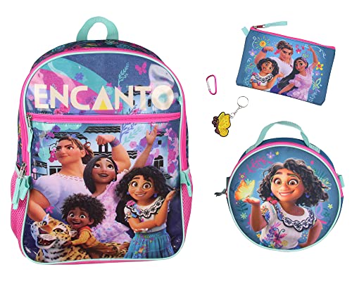 Bioworld Disney Encanto 5 Pc Backpack Set Lunch Box Pencil Case Keychain and Carabiner