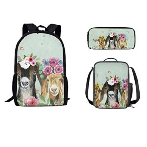 pcsjrkg goat hibiscus flowers 3pcs girl backpack sets, leightweight durable schoolbag with lunch bag and pencil bag, elementary students daypack primary schoolbag for school