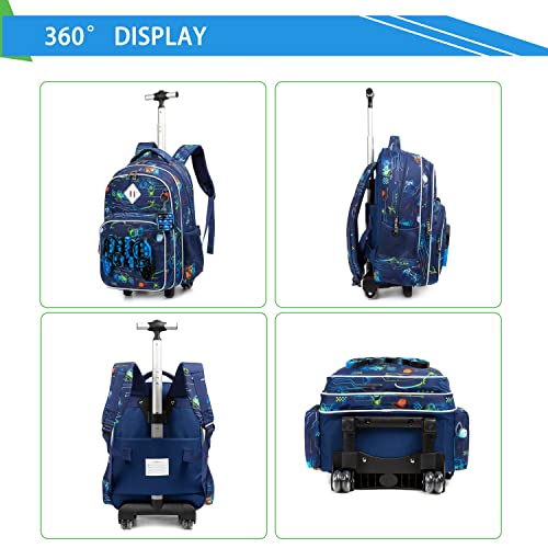 JSMNIAI Kids Rolling Backpack for Boys Backpack with Wheels Trolley School Bags Trip Luggage with Lunch Box for Elementary Boys Travel Suitcase