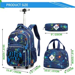 JSMNIAI Kids Rolling Backpack for Boys Backpack with Wheels Trolley School Bags Trip Luggage with Lunch Box for Elementary Boys Travel Suitcase